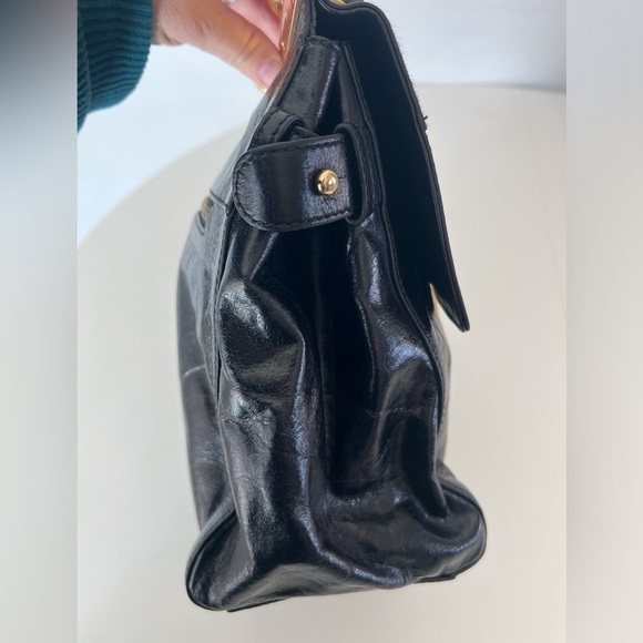 Badgley Mischka Black Patent Leather Calf Hair Gold Hardware Hand Bag - Picture 9 of 13